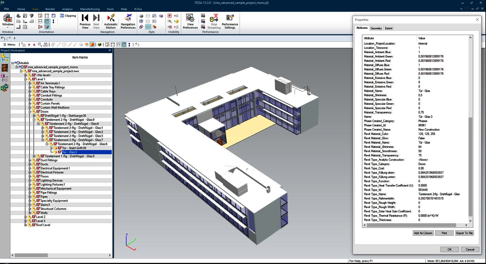 Autodesk Navisworks Architekturmodell in JT konvertiert