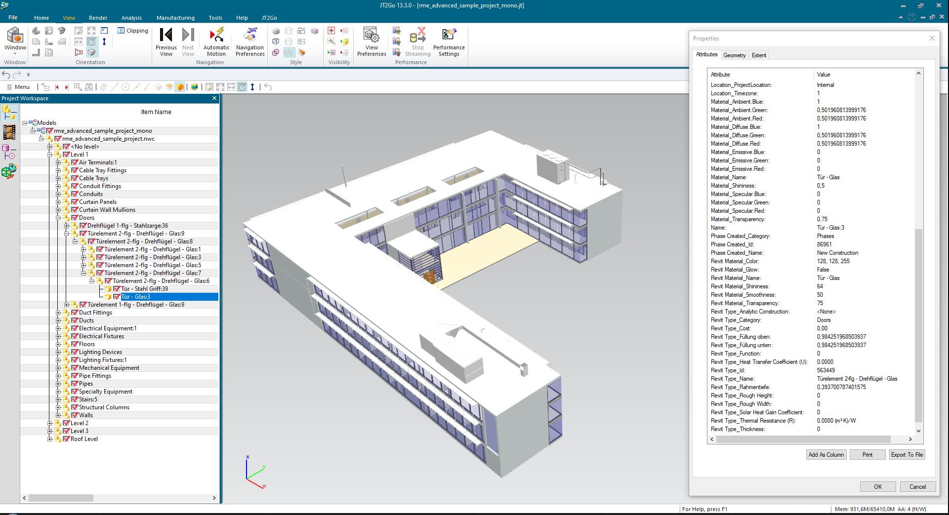 Autodesk Navisworks Architekturmodell in JT konvertiert
